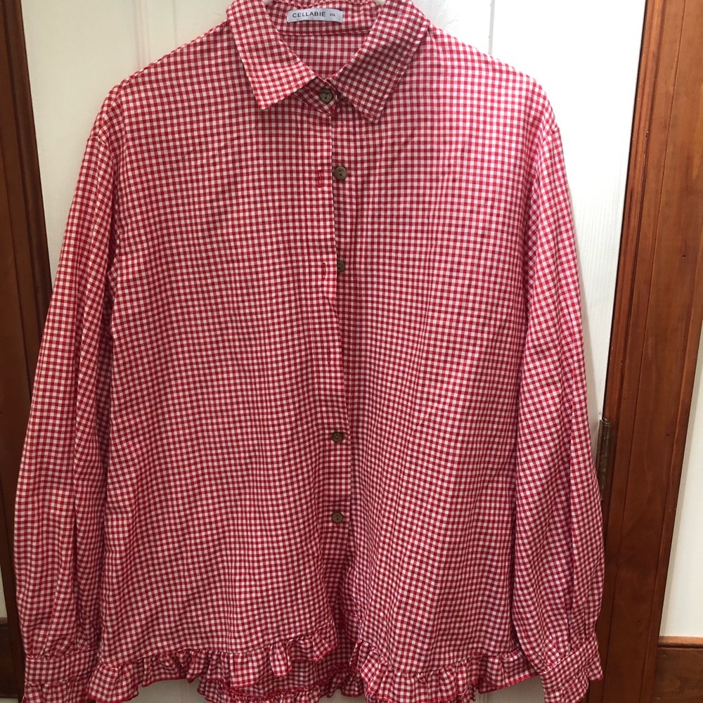 Cellabie EUC SZ 2XL RED AND WHITE GINGHAM BUTTON DOWN TOP(A57)